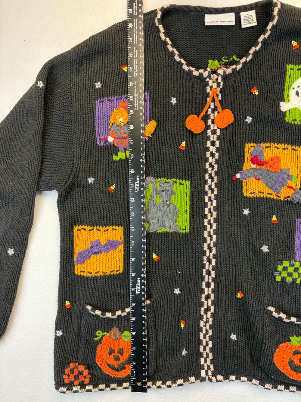 Vintage Halloween Zip Up Cardigan Sweater Large Croft Barrow Grandma Cats Bats - Picture 8 of 13